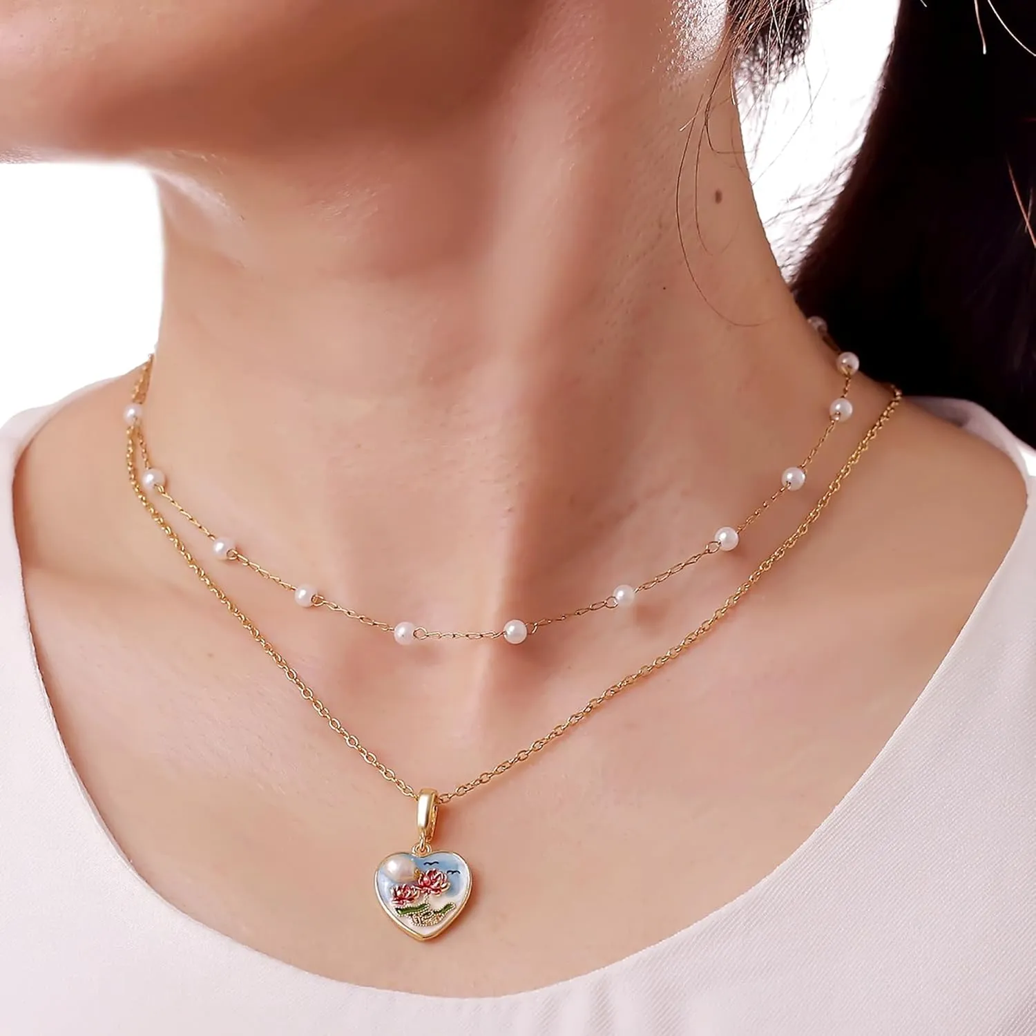Gold Pearl Choker Necklace for Women Dainty 14K Gold Plated Oil Painting Style Pendant Layered Chain Necklaces Trendy Jewelry Gifts