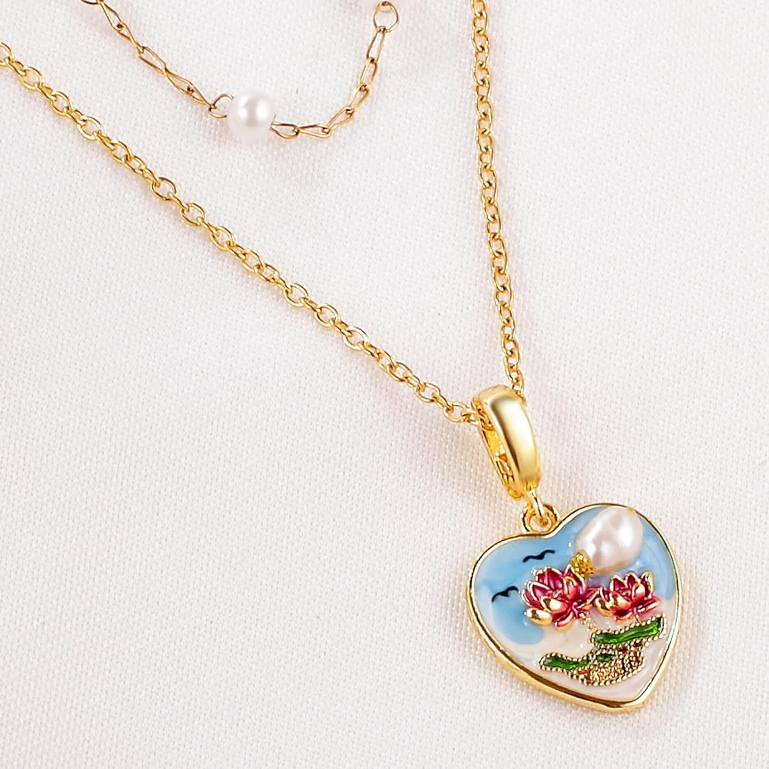 Gold Pearl Choker Necklace for Women Dainty 14K Gold Plated Oil Painting Style Pendant Layered Chain Necklaces Trendy Jewelry Gifts