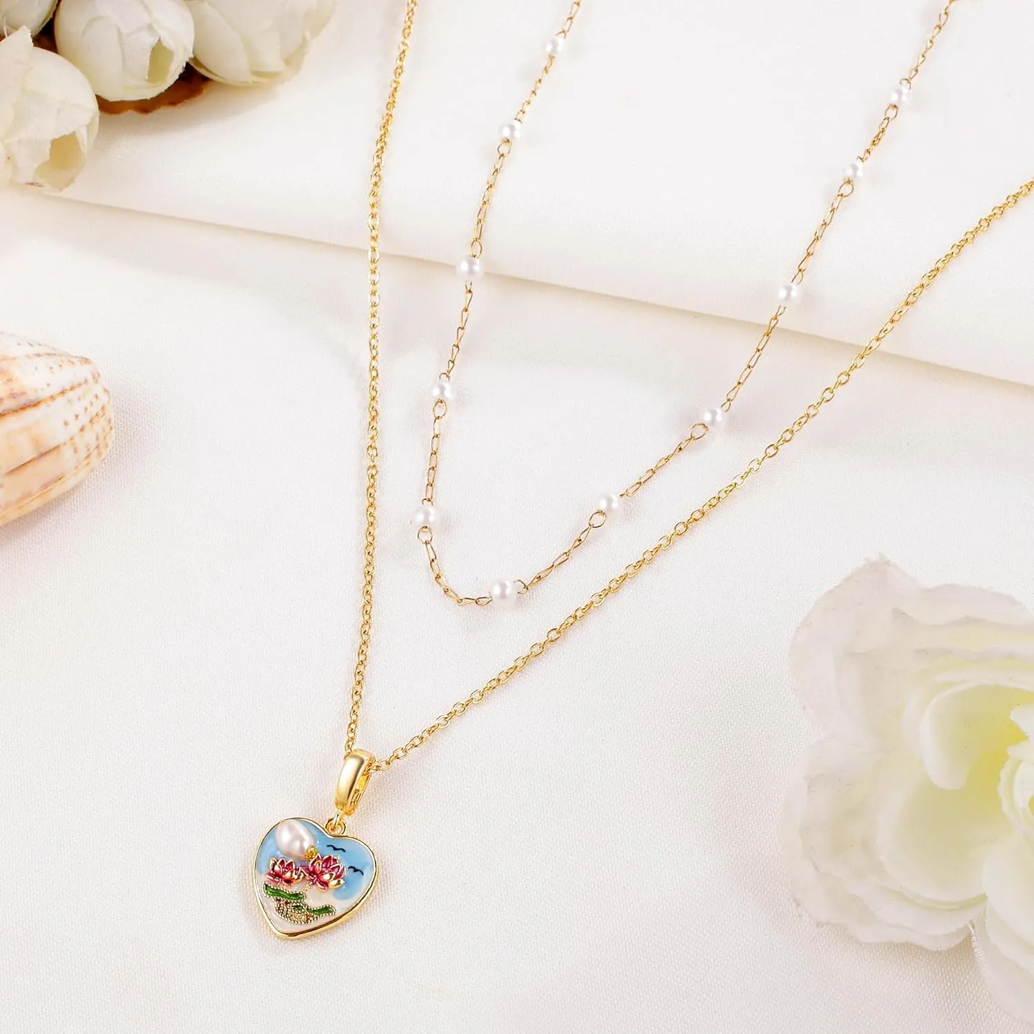 Gold Pearl Choker Necklace for Women Dainty 14K Gold Plated Oil Painting Style Pendant Layered Chain Necklaces Trendy Jewelry Gifts