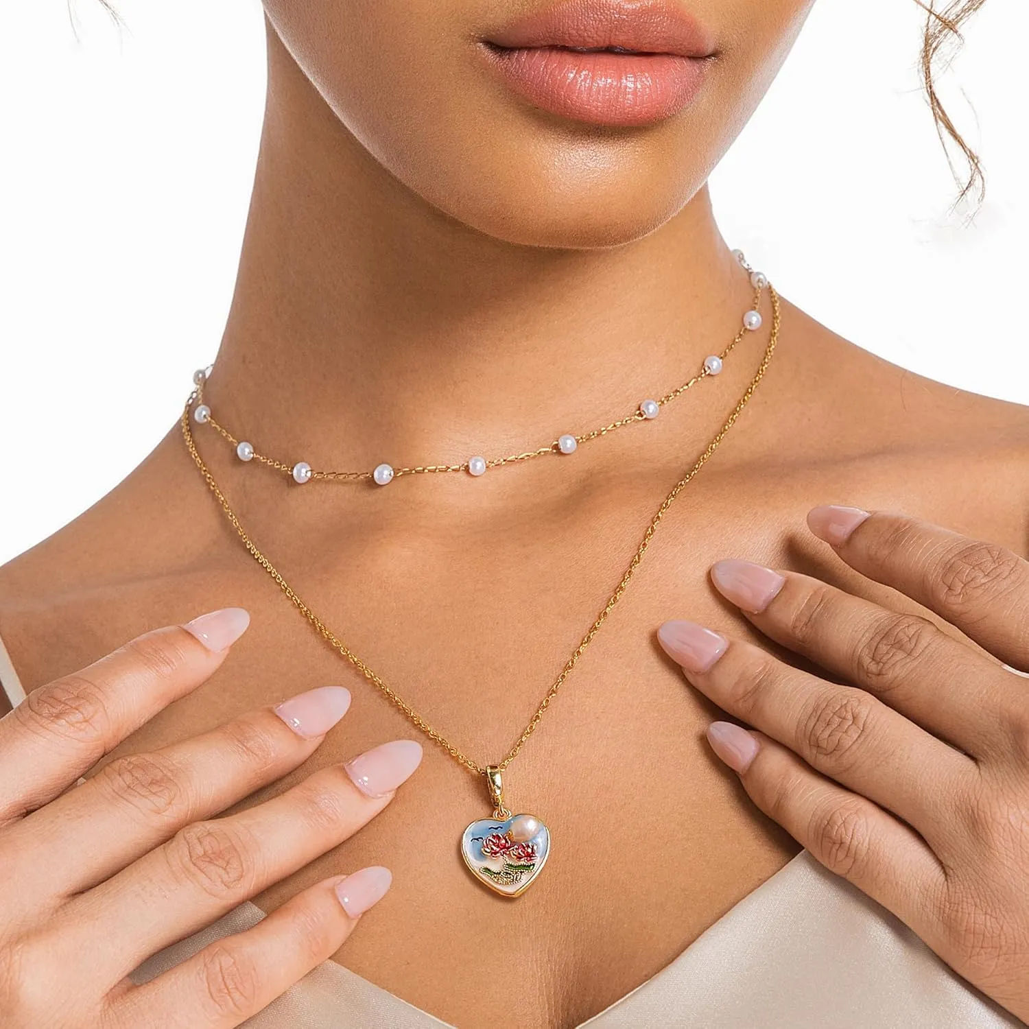 Gold Pearl Choker Necklace for Women Dainty 14K Gold Plated Oil Painting Style Pendant Layered Chain Necklaces Trendy Jewelry Gifts