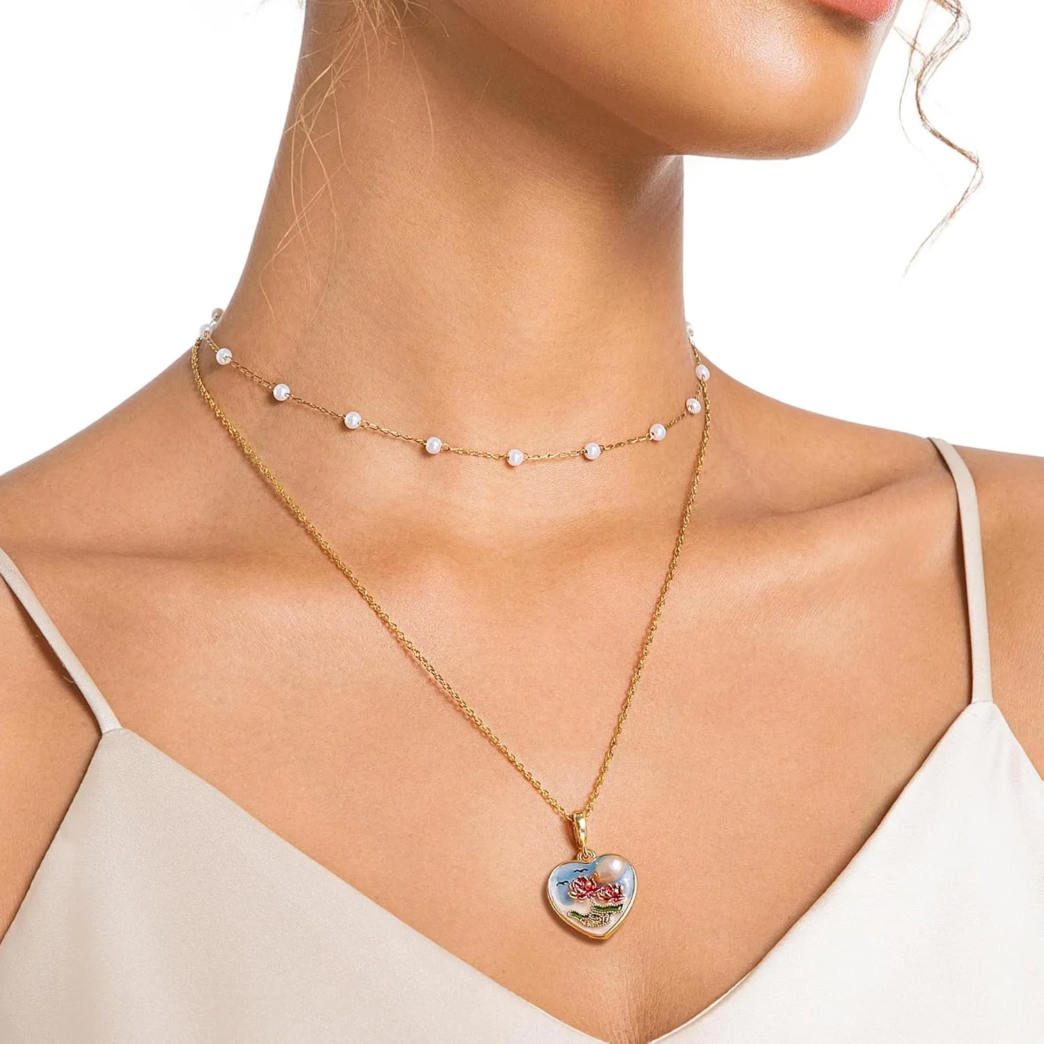 Gold Pearl Choker Necklace for Women Dainty 14K Gold Plated Oil Painting Style Pendant Layered Chain Necklaces Trendy Jewelry Gifts