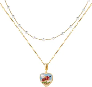 Gold Pearl Choker Necklace for Women Dainty 14K Gold Plated Oil Painting Style Pendant Layered Chain Necklaces Trendy Jewelry Gifts