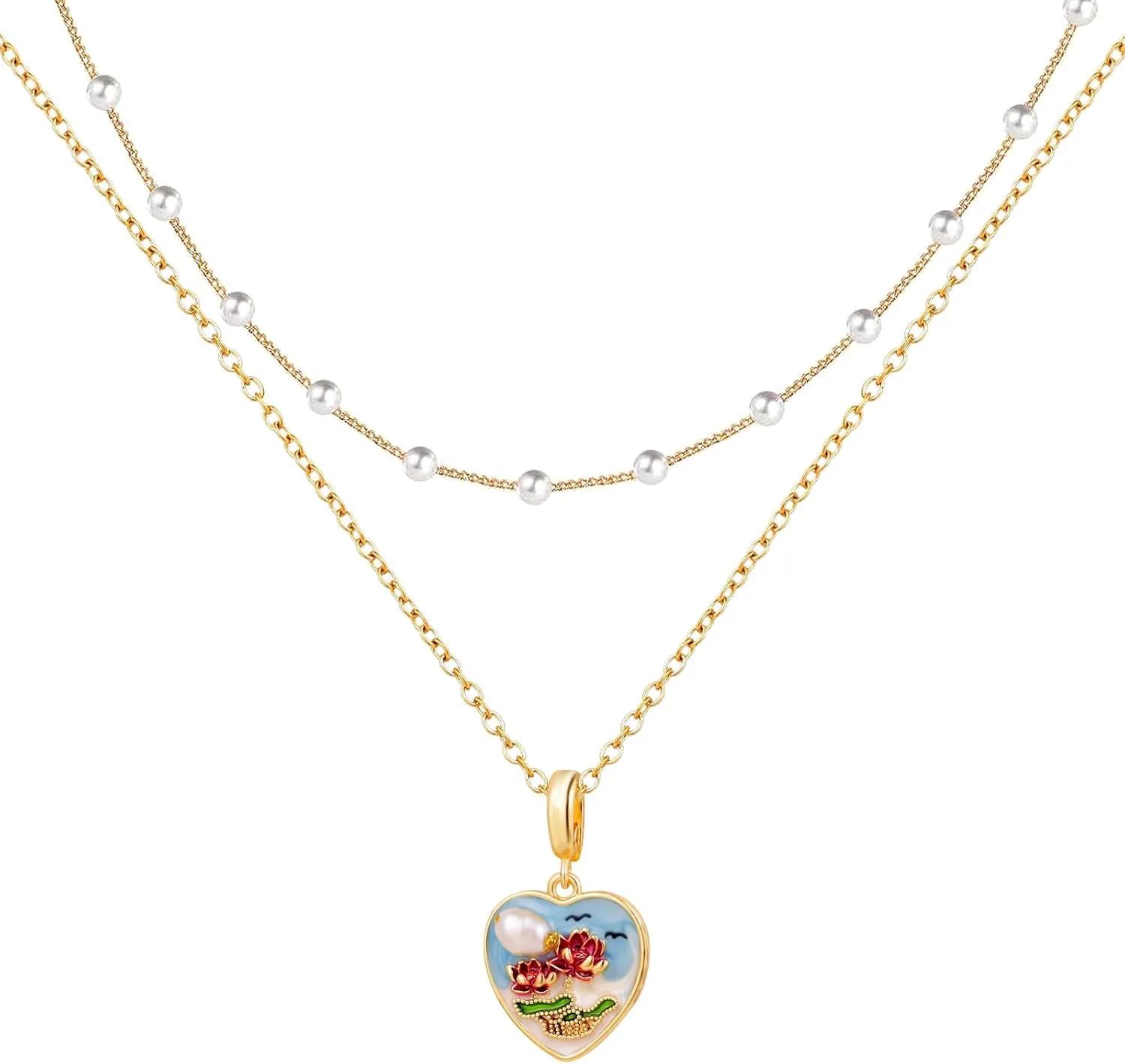 Gold Pearl Choker Necklace for Women Dainty 14K Gold Plated Oil Painting Style Pendant Layered Chain Necklaces Trendy Jewelry Gifts