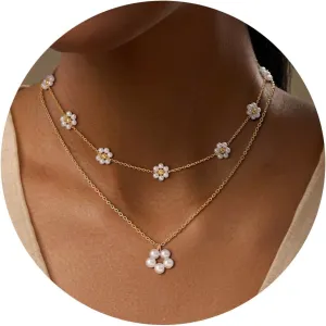 Gold Pearl Necklaces Set for Women 14K Gold Plated Dainty Layered Pearl Cute Bow Pearl Y-Shaped Gold Necklace Gifts for Women Gold Trendy Jewelry Gifts