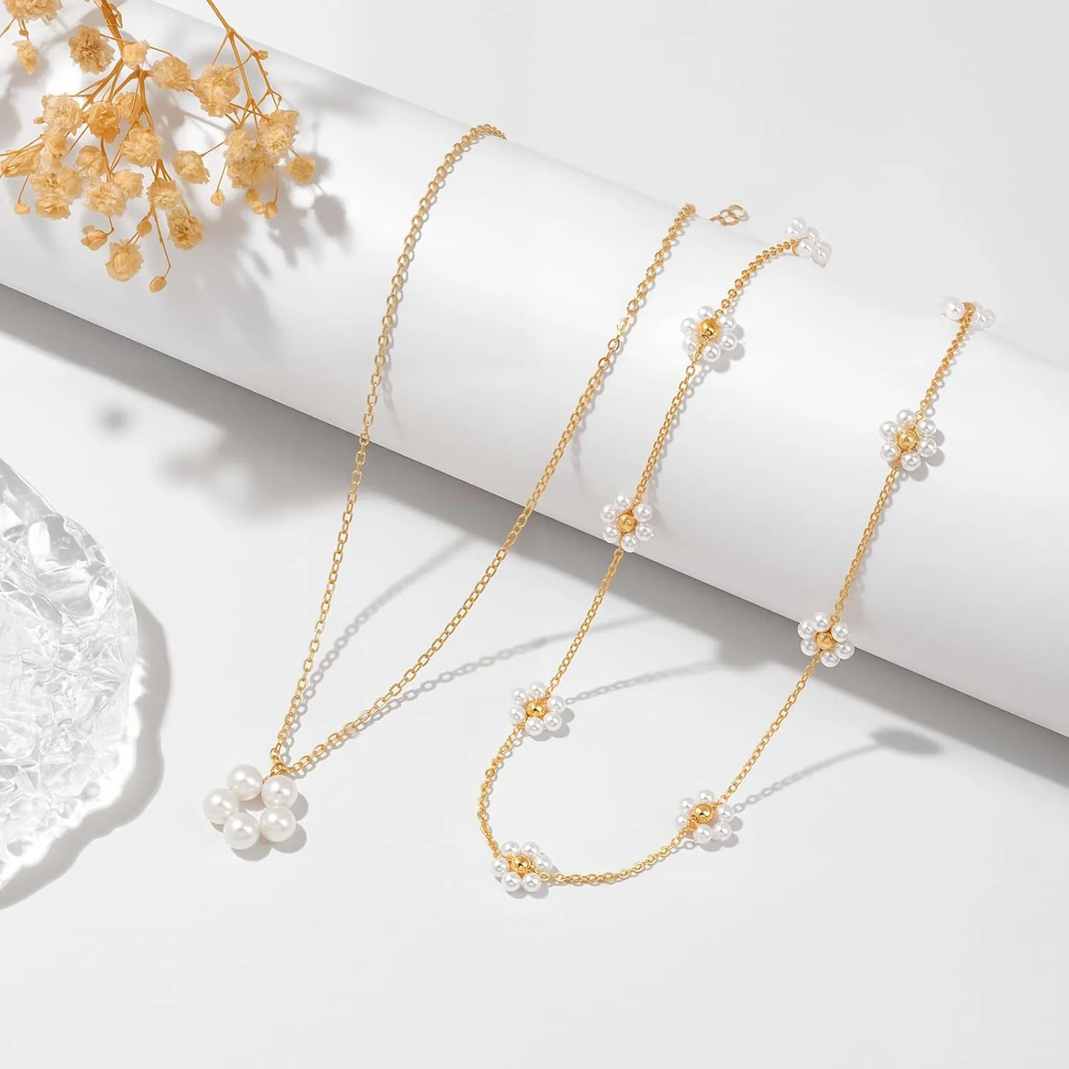 Gold Pearl Necklaces Set for Women 14K Gold Plated Dainty Layered Pearl Cute Bow Pearl Y-Shaped Gold Necklace Gifts for Women Gold Trendy Jewelry Gifts