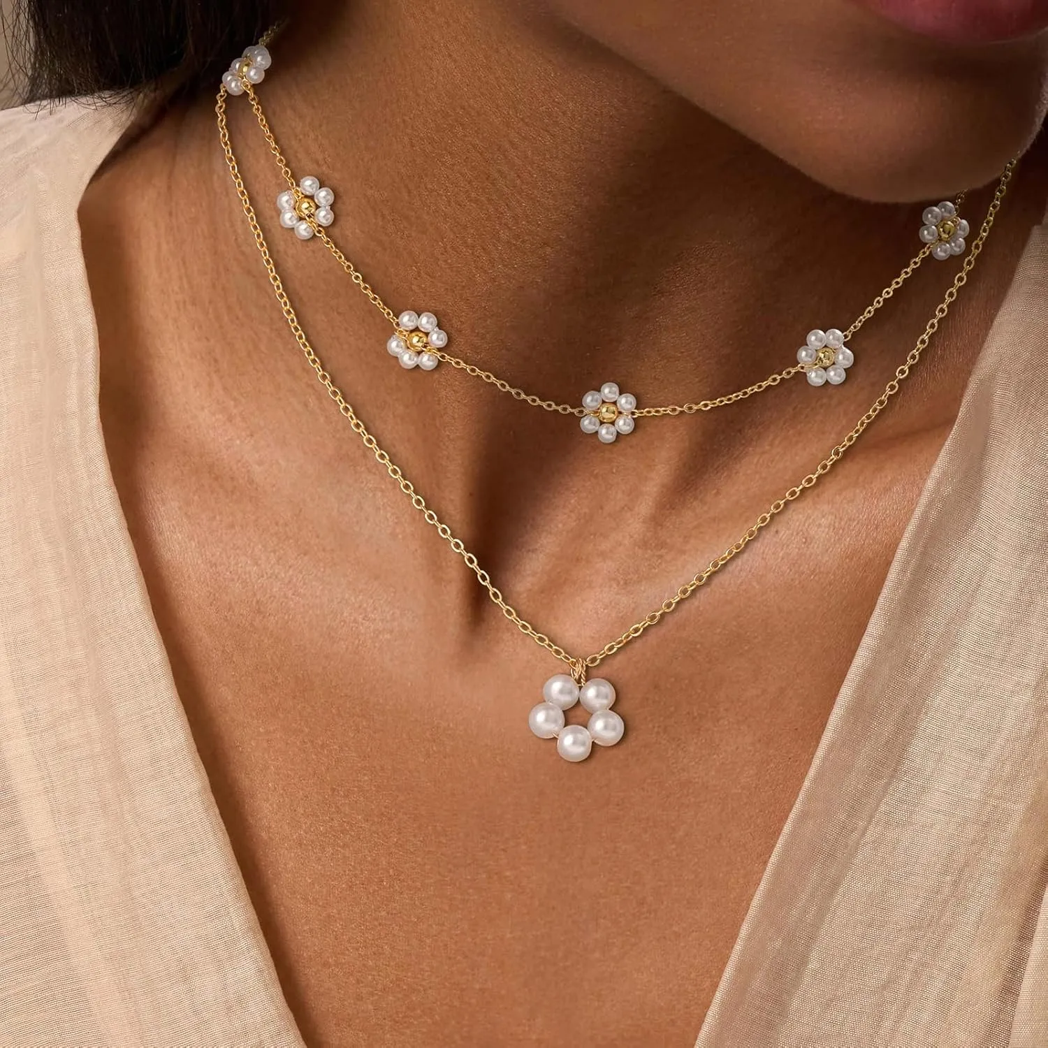 Gold Pearl Necklaces Set for Women 14K Gold Plated Dainty Layered Pearl Cute Bow Pearl Y-Shaped Gold Necklace Gifts for Women Gold Trendy Jewelry Gifts