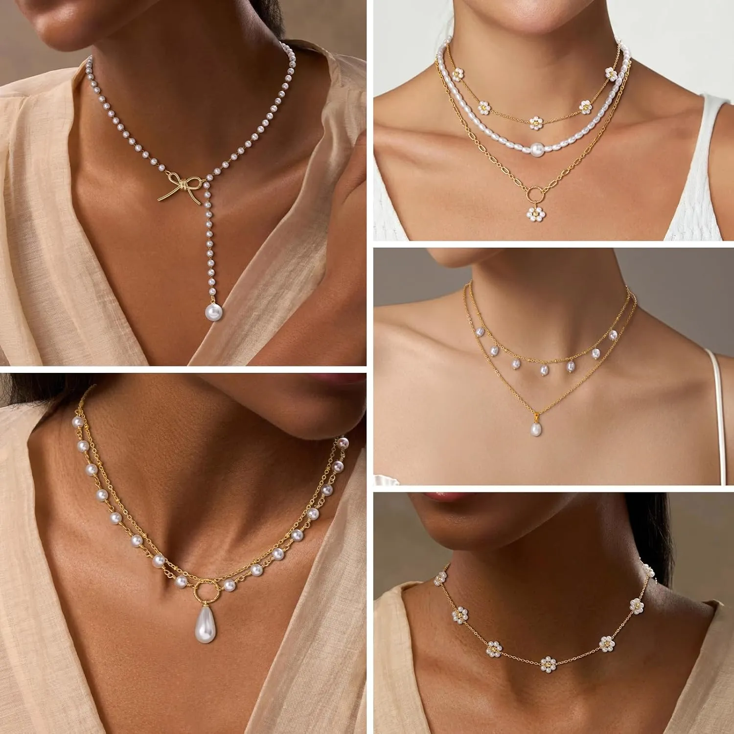 Gold Pearl Necklaces Set for Women 14K Gold Plated Dainty Layered Pearl Cute Bow Pearl Y-Shaped Gold Necklace Gifts for Women Gold Trendy Jewelry Gifts