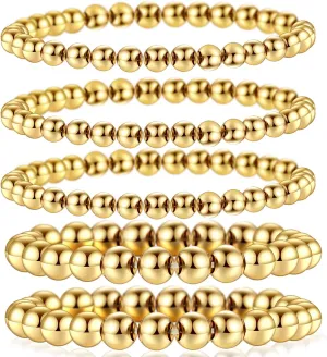 Gold Plated Bead Bracelets for Women, 14K Gold Ball Stretchable Elastic Stackable Bangles Set, Adjustable Jewelry Bracelets for Gifts or Layering