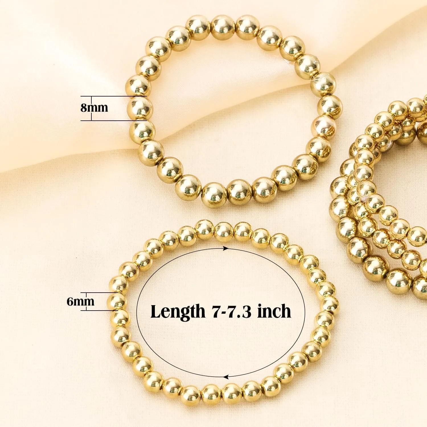 Gold Plated Bead Bracelets for Women, 14K Gold Ball Stretchable Elastic Stackable Bangles Set, Adjustable Jewelry Bracelets for Gifts or Layering