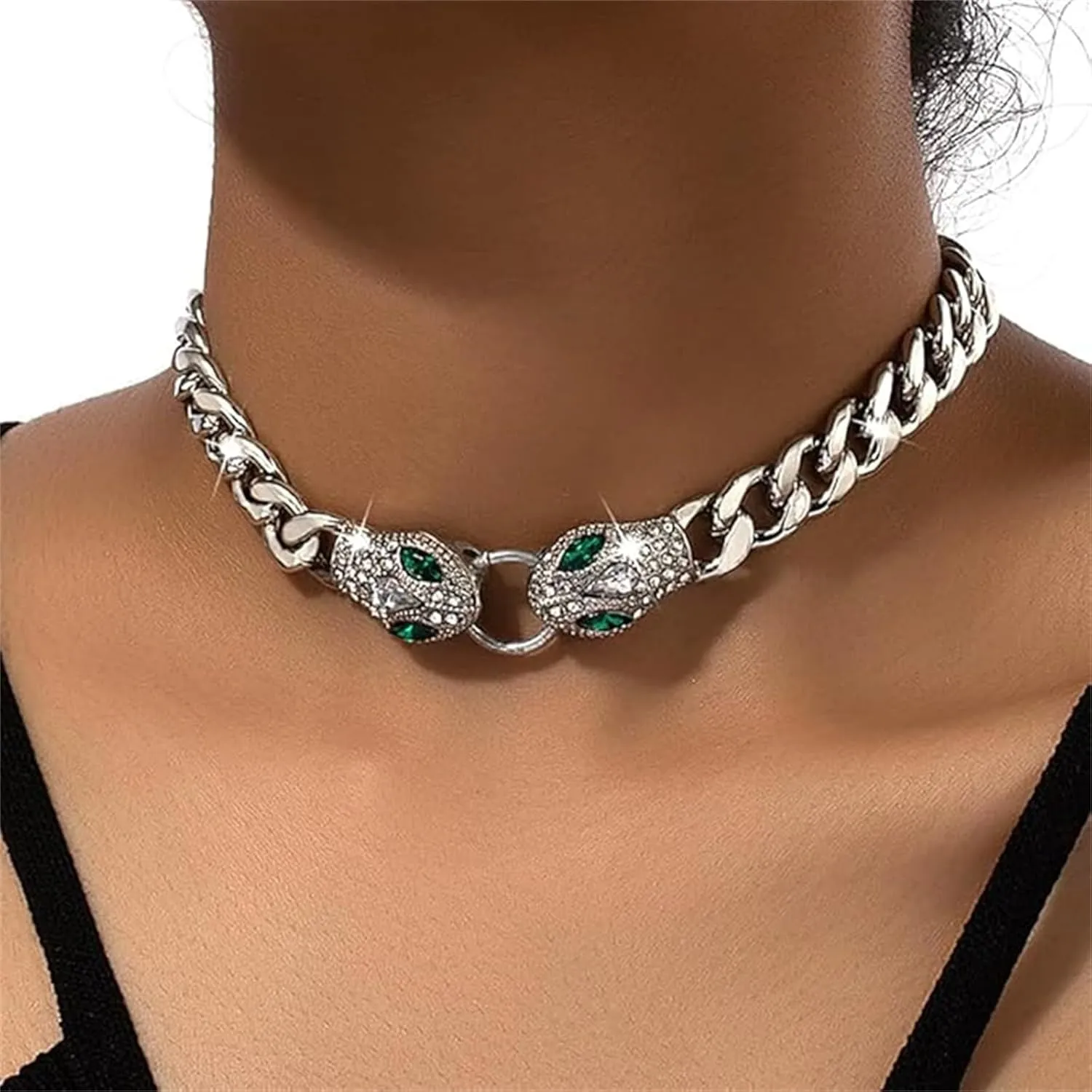Gold Snake Necklace for Women Silver Chunky Statement Choker Necklace Crystal Snake Cuban Link Chain Necklaces Adjustable Rhinestone Viper Collar Necklaces Punk Hip Hop Animal Jewelry
