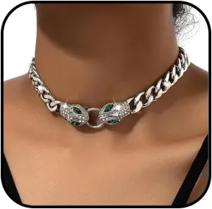 Gold Snake Necklace for Women Silver Chunky Statement Choker Necklace Crystal Snake Cuban Link Chain Necklaces Adjustable Rhinestone Viper Collar Necklaces Punk Hip Hop Animal Jewelry