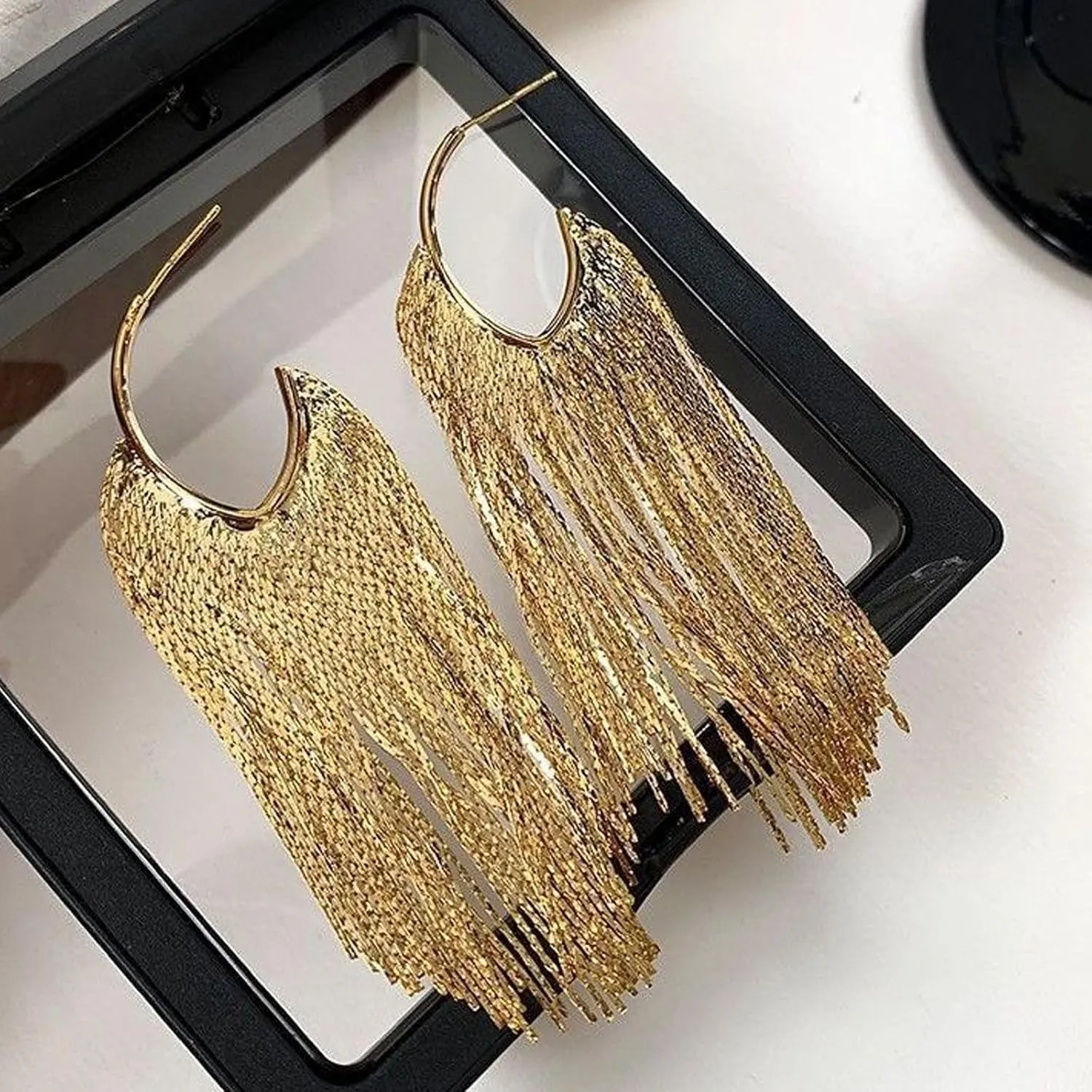 Gold Tassel Earrings for Women Boho Tassel Dangle Earrings Long Fringe Earrings Ear Jackets Front Back Earrings Statement Earrings Prom Dangle Earrings for Wedding Prom Jewelry Gifts