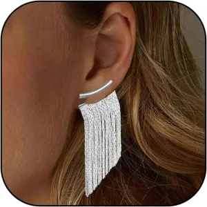Gold Tassel Earrings for Women Boho Tassel Dangle Earrings Long Fringe Earrings Ear Jackets Front Back Earrings Statement Earrings Prom Dangle Earrings for Wedding Prom Jewelry Gifts