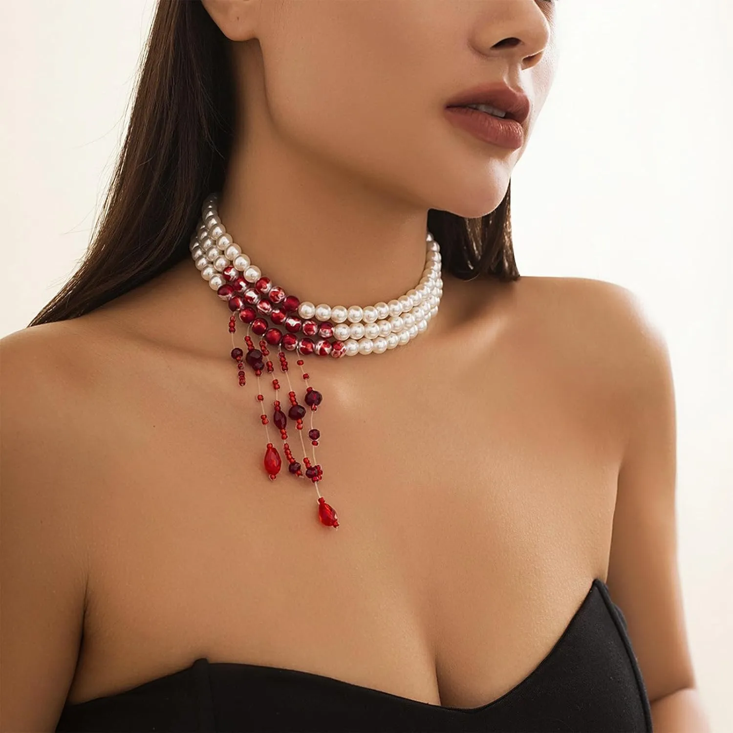 Gothic Bloody Pearl Necklace for Women Punk Blood Tassel Necklace Vampire Choker Necklaces Halloween Costume Jewelry