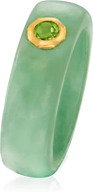 GREEN Jade Round Faceted Peridot 14k Yellow Gold Statement Ring, Size 10, Green Jade/Peridot, 4mm x 2mm, Unisex, Solid Setting, 0 Carats, Good Cut, Round Shape, Glass Material