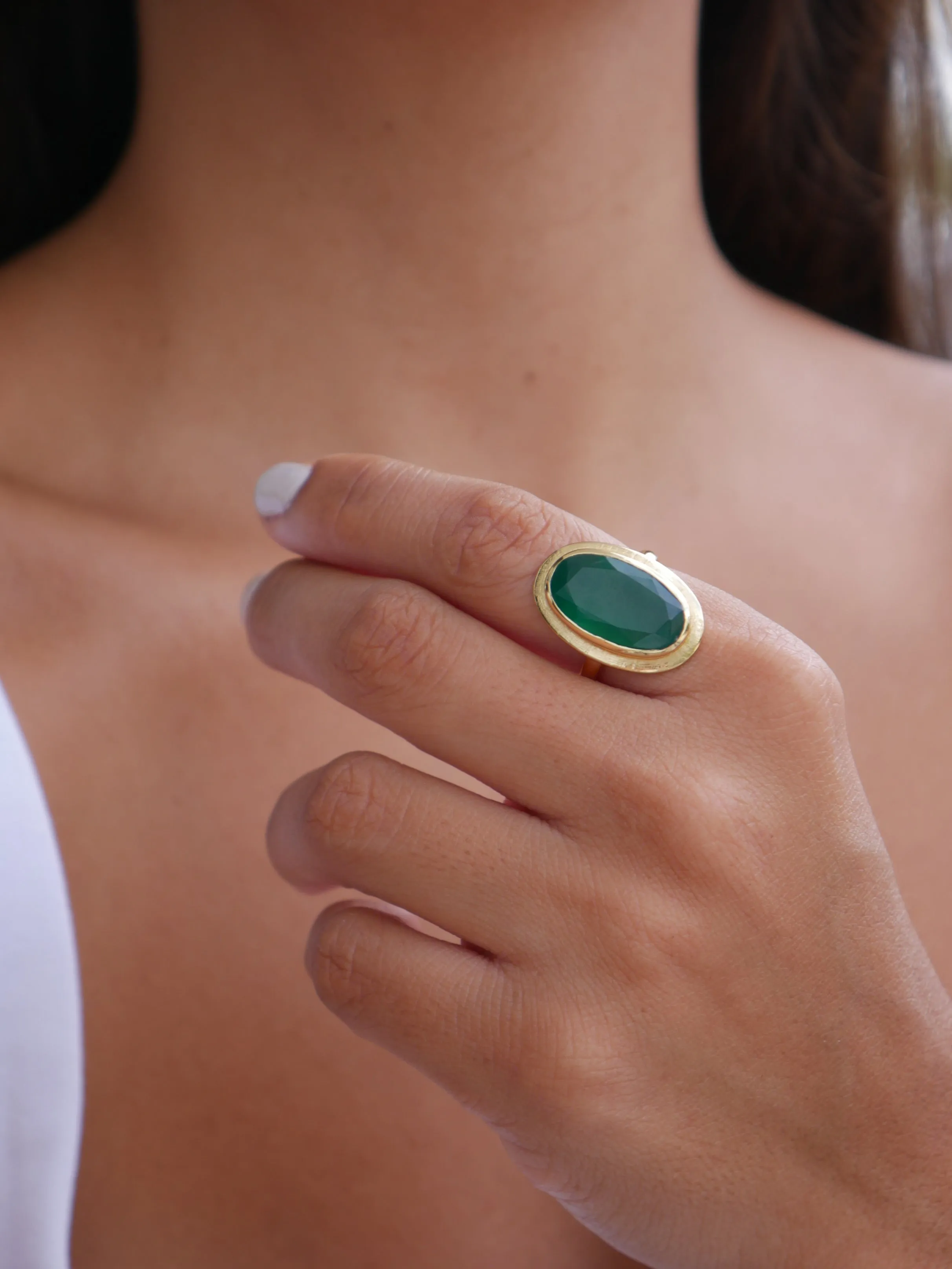 Green Onyx Gold Ring, 925 Sterling Silver,  18k Gold Plated Natural Onyx Gemstone Oval Vintage Style Ring