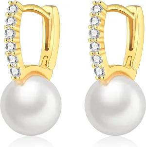 GULICX Pearl Earrings for Women, 925 Sterling Silver Post Pearl Huggie Hoop Earrings Drop Earrings Elegant Wedding Jewelry Gifts