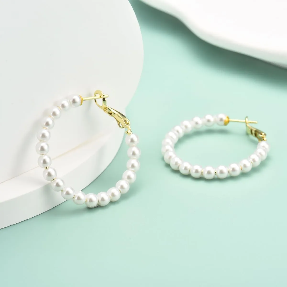 GULICX Pearl Hoop Earrings for Women, 14K Gold Plated Pearl Earrings 925 Sterling Silver Post Big Pearl Hoop Earrings Jewelry Gifts for Girls