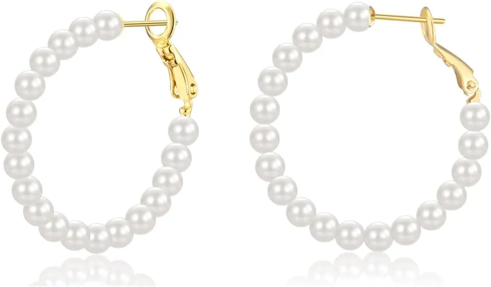 GULICX Pearl Hoop Earrings for Women, 14K Gold Plated Pearl Earrings 925 Sterling Silver Post Big Pearl Hoop Earrings Jewelry Gifts for Girls