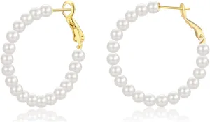 GULICX Pearl Hoop Earrings for Women, 14K Gold Plated Pearl Earrings 925 Sterling Silver Post Big Pearl Hoop Earrings Jewelry Gifts for Girls