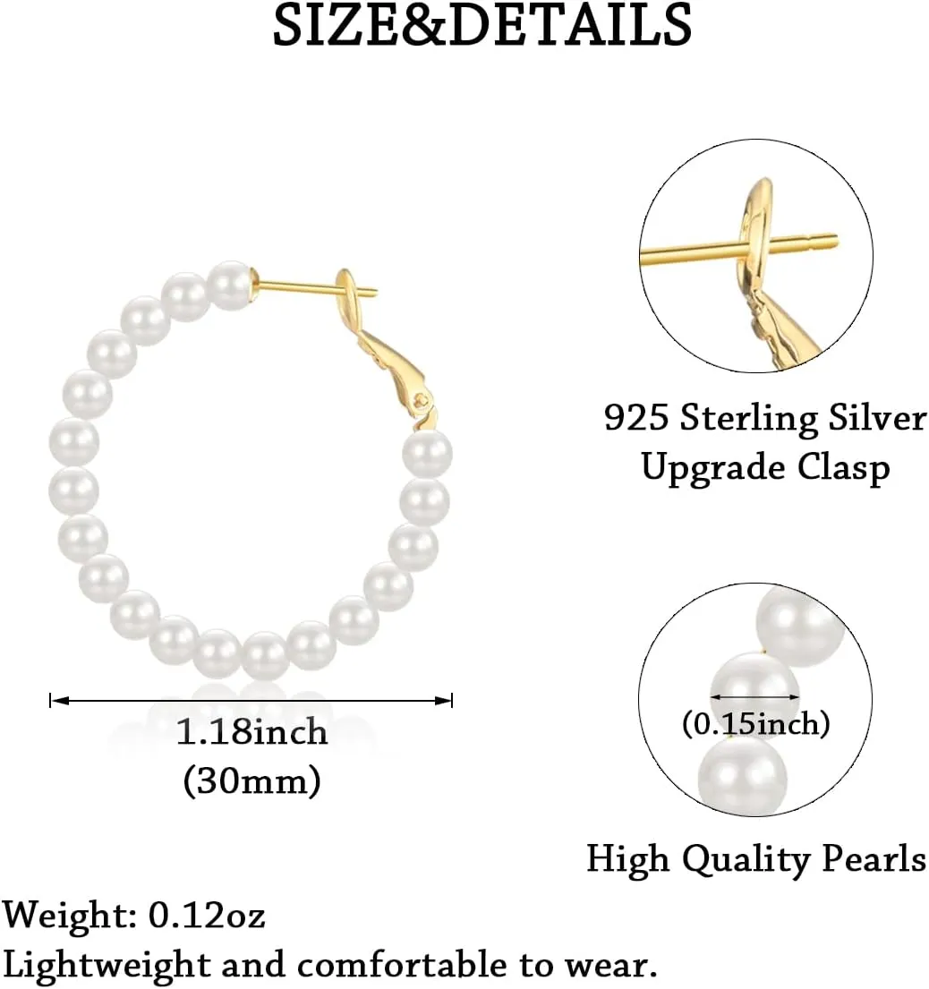 GULICX Pearl Hoop Earrings for Women, 14K Gold Plated Pearl Earrings 925 Sterling Silver Post Big Pearl Hoop Earrings Jewelry Gifts for Girls