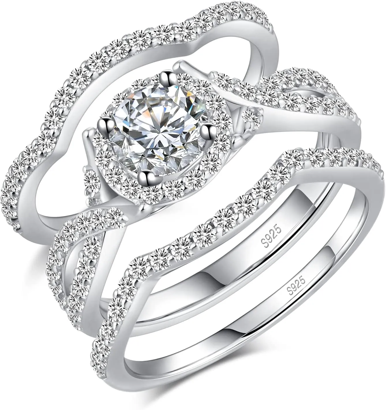 Han han 18K White Gold Plated 925 Sterling Silver Wedding Engagement Promise Eternity Ring Set for Women, Size 5-9