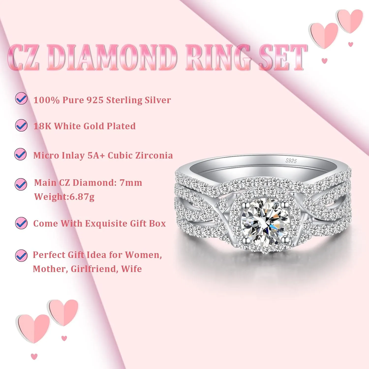 Han han 18K White Gold Plated 925 Sterling Silver Wedding Engagement Promise Eternity Ring Set for Women, Size 5-9
