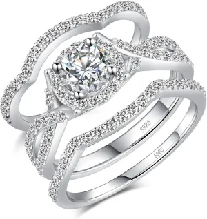 Han han 18K White Gold Plated 925 Sterling Silver Wedding Engagement Promise Eternity Ring Set for Women, Size 5-9