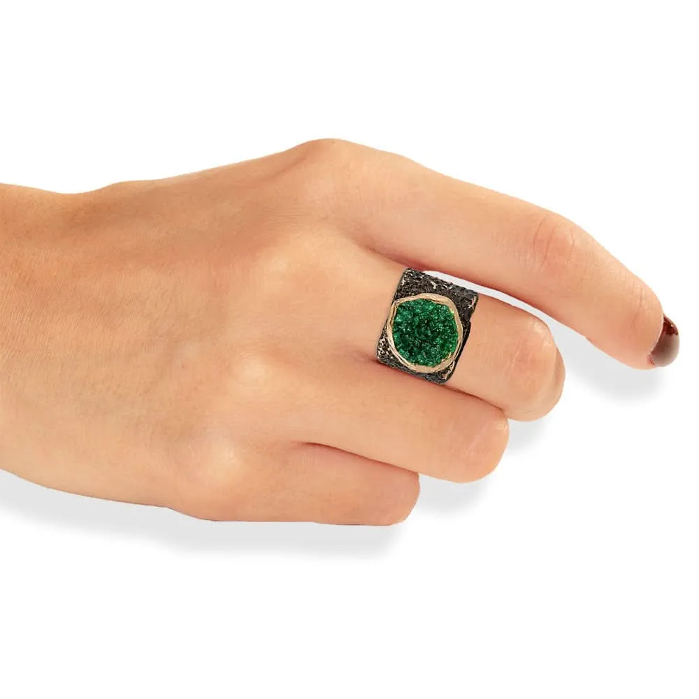 Handmade Black Plated Bronze Ring Diamond Curved With Dark Green Crystals