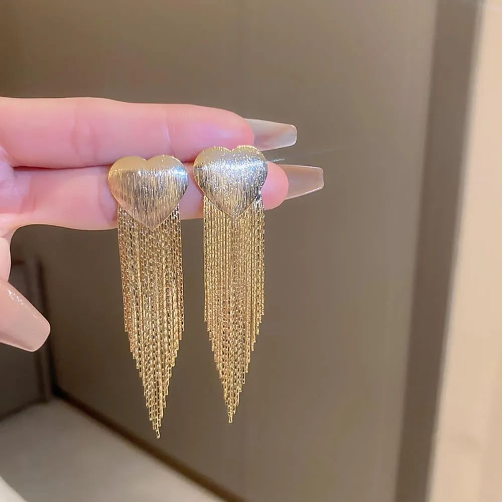 Heart Long Tassel Earrings for Women Exaggerate Snake Chain Drop Dangle Earring Sparkly Linear Fringe Statement Earring Wedding Prom Jewelry Gifts