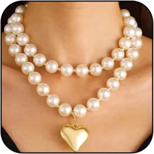 Heart Pearl Choker Necklaces for Women Gold Chunky Heart Choker Necklaces Punk Multi-Layer Heart Bead Necklace for Women present