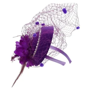 Hemoton Purple Church Hat Bridal Veil Pearl Hairband Mini Fascinator Clips for Tea Party
