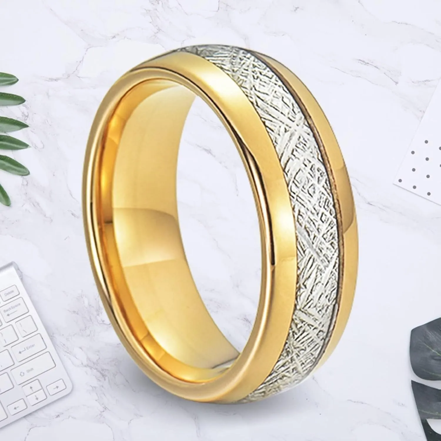 His and Hers Matching Rings Sets, Stainless Steel Wedding Rings Sets for Couples Comfort Fit 8mm Gold Ring Inlay Silver Metal
