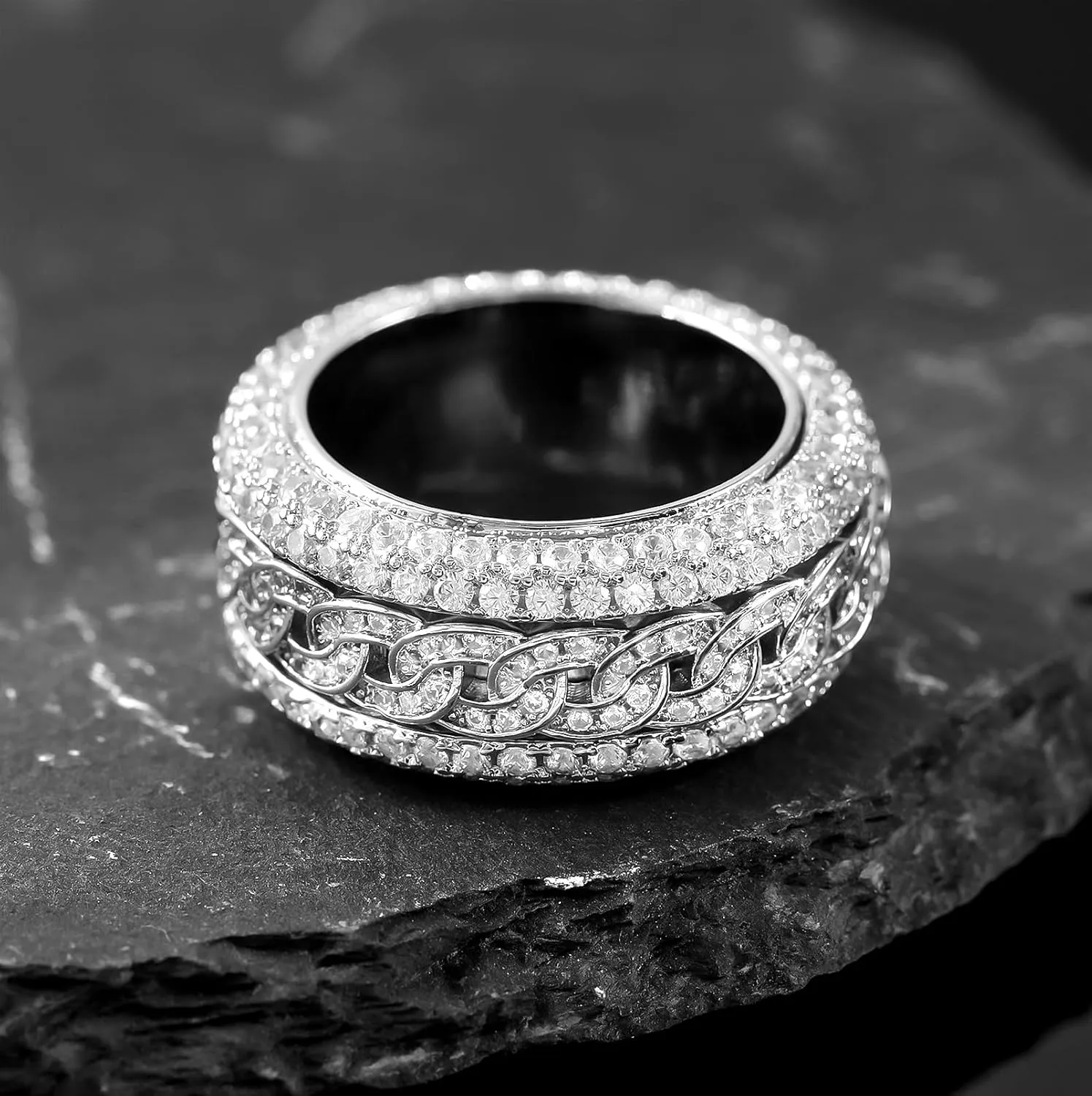 Iced Out Rings for Men, 24MM Large Simulated Diamond Mens Wedding Band 14K White Gold Plated Full 5A CZ Hip Hop Ring Chunky Bling Cluster Men's Pinky Rings Rapper Jewelry Gift 7-10US