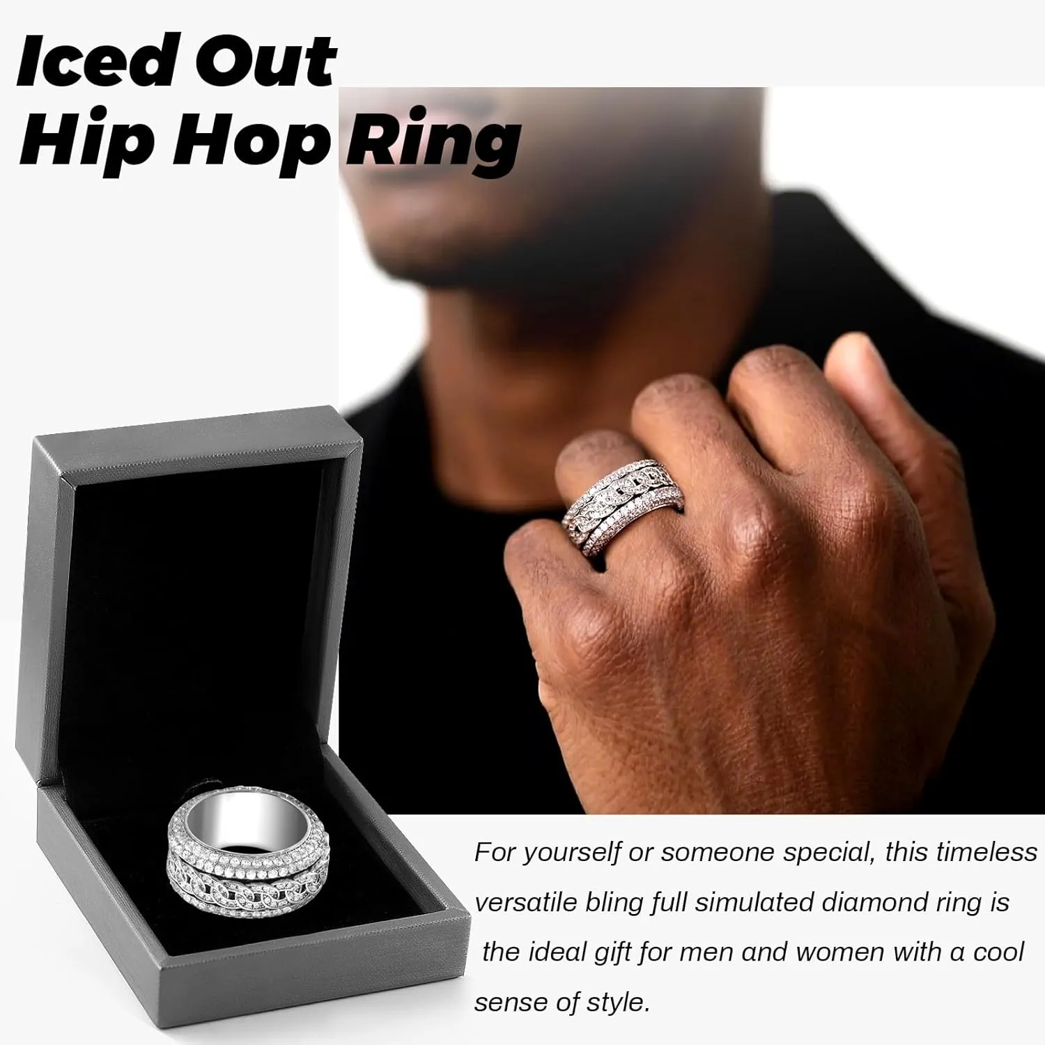 Iced Out Rings for Men, 24MM Large Simulated Diamond Mens Wedding Band 14K White Gold Plated Full 5A CZ Hip Hop Ring Chunky Bling Cluster Men's Pinky Rings Rapper Jewelry Gift 7-10US