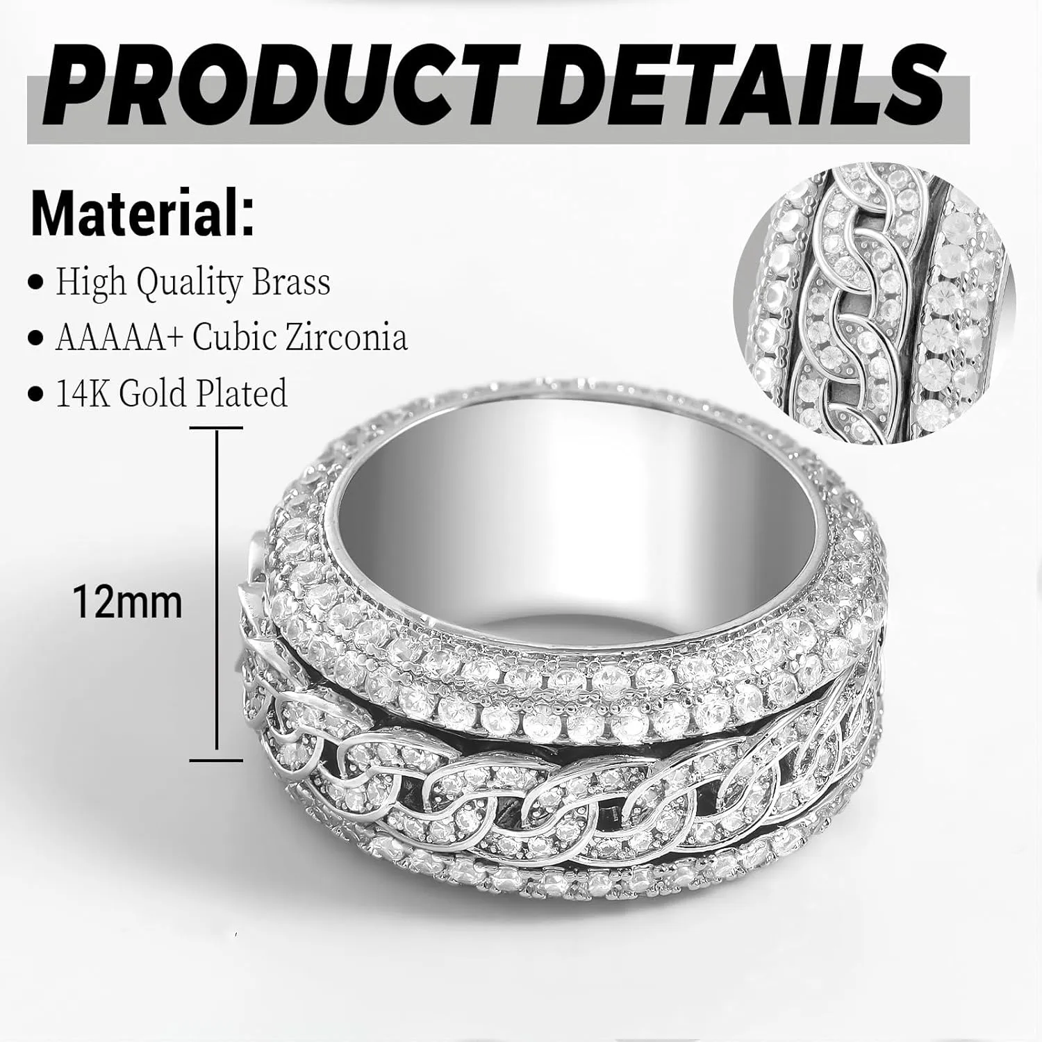 Iced Out Rings for Men, 24MM Large Simulated Diamond Mens Wedding Band 14K White Gold Plated Full 5A CZ Hip Hop Ring Chunky Bling Cluster Men's Pinky Rings Rapper Jewelry Gift 7-10US