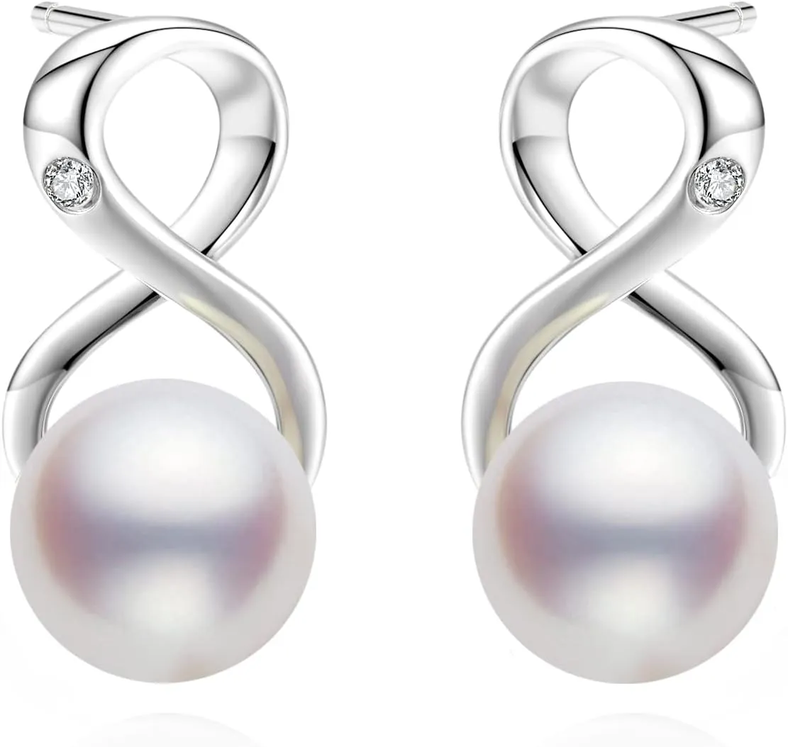 Infinity Earrings Premium AAA Top Grade White Pearl 8-9mm 18K Gold Plated 925 Sterling Silver ?C Birthday Anniversary Wedding Holiday Jewelry Gifts for Women (White)