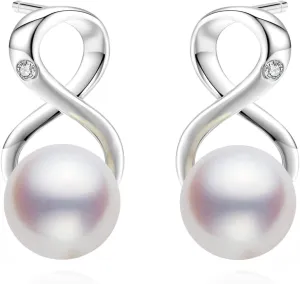 Infinity Earrings Premium AAA Top Grade White Pearl 8-9mm 18K Gold Plated 925 Sterling Silver ?C Birthday Anniversary Wedding Holiday Jewelry Gifts for Women (White)