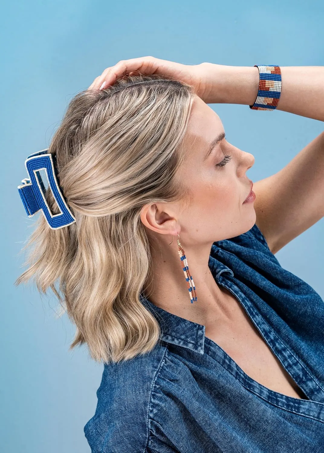 INK ALLOY Beaded Hair Clips, Lola Large Statement Boho Cute Claw Clips for Women, Secure Hold for Thin & Thick Hair, Handmade Accessories for the Modern Bohemian, 3.5-Inches (Denim Blue)
