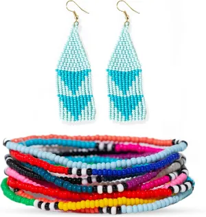 INK   ALLOY Handmade Bohemian Jewelry for Women  10-Strand Beaded Bracelet & 3.25-Inch Lennon Seed Bead Fringe Earrings, Adjustable Stretch Fit, Mixed Patterns, Stylish Boho Accessories