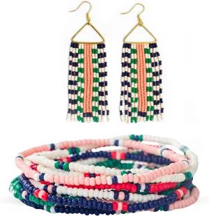 INK   ALLOY Handmade Bohemian Jewelry for Women  4.25-Inch Brooke Seed Bead Fringe Earrings & 10-Strand Beaded Bracelet Stack, Adjustable Stretch Fit, Mixed Patterns, Stylish Boho Accessories