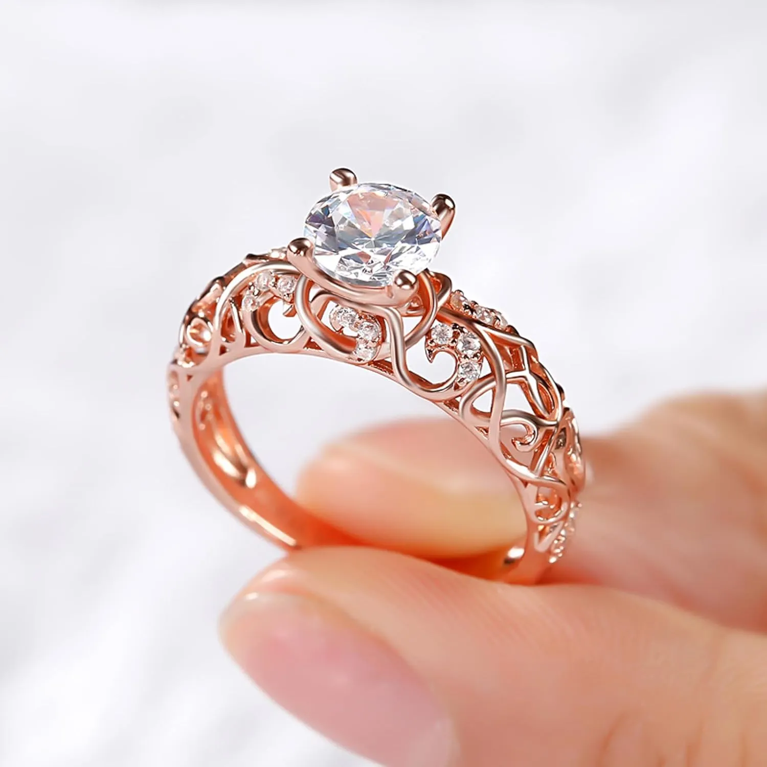Jeulia 2 Carat Leaf Vines Rings for Women 925 Sterling Silver Rose Gold Plated Engagement Rings Round Cut Diamond Wedding Band Rings Solitaire CZ Promise Anniversary Rings Romantic Gift