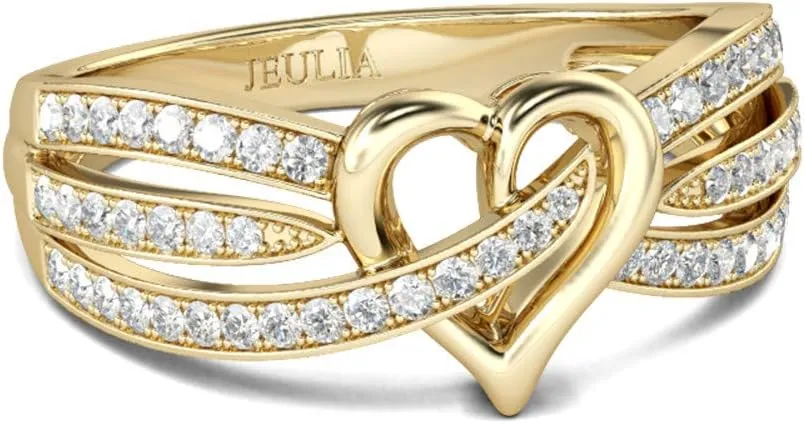 Jeulia Gold Tone Heart Wedding Bands Personalized Curved Multi-Row Engagement Ring Round Cut Diamond Sterling Silver Band Rings Promise Anniversary for Women Girls Bridal