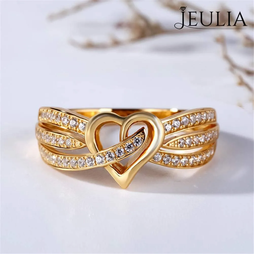 Jeulia Gold Tone Heart Wedding Bands Personalized Curved Multi-Row Engagement Ring Round Cut Diamond Sterling Silver Band Rings Promise Anniversary for Women Girls Bridal