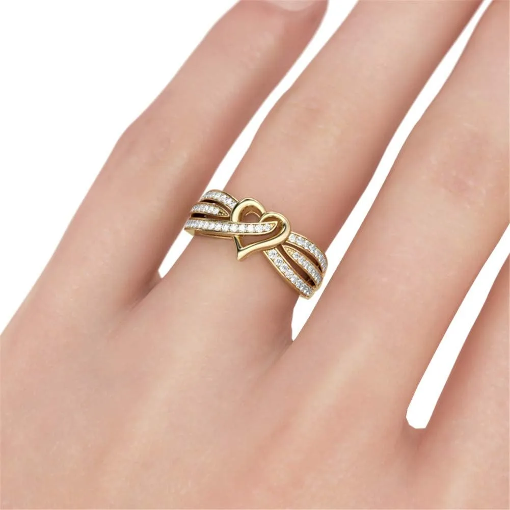 Jeulia Gold Tone Heart Wedding Bands Personalized Curved Multi-Row Engagement Ring Round Cut Diamond Sterling Silver Band Rings Promise Anniversary for Women Girls Bridal