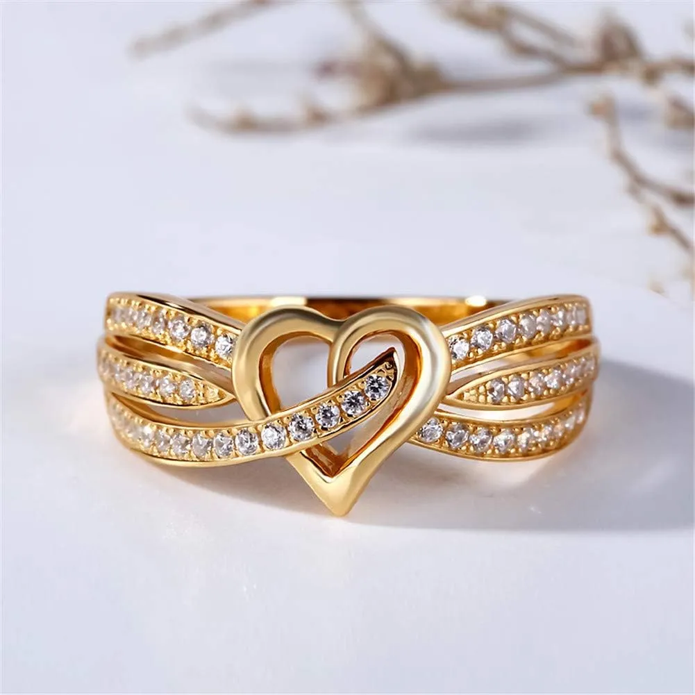 Jeulia Gold Tone Heart Wedding Bands Personalized Curved Multi-Row Engagement Ring Round Cut Diamond Sterling Silver Band Rings Promise Anniversary for Women Girls Bridal