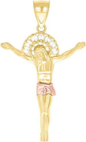 JewelryWeb 10k Two tone Gold Mens CZ Simulated Diamond Jesus Christ Body Religious Charm Pendant 38.3x23mm Wide Necklace for Men
