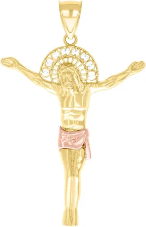 JewelryWeb 10k Two tone Gold Mens CZ Simulated Diamond Jesus Christ Body Religious Charm Pendant 51.5x32.5mm Wide Necklace for Men