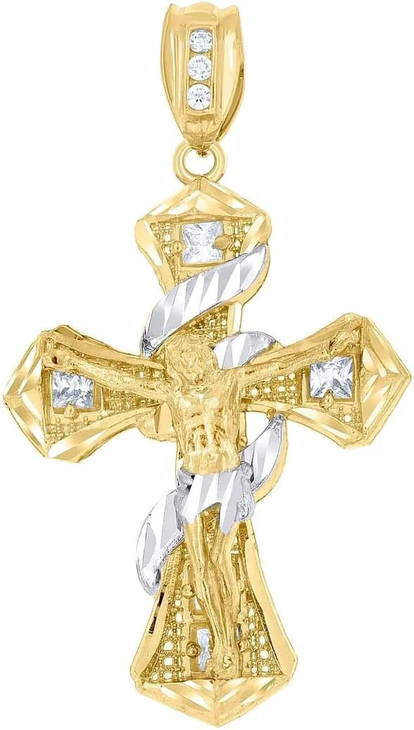JewelryWeb 10k Two tone Gold Mens Princess Cut CZ Simulated Diamond Religious Cross Crucifix Charm Pendant 53.3x30mm Wide Necklace for Men