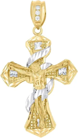 JewelryWeb 10k Two tone Gold Mens Princess Cut CZ Simulated Diamond Religious Cross Crucifix Charm Pendant 53.3x30mm Wide Necklace for Men